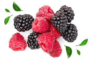 blackberry and raspberry with leaves isolated on white background. Top view. Flat lay pattern