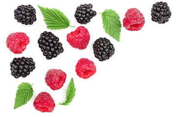 blackberry and raspberry with leaves isolated on white background with copy space for your text. Top view. Flat lay pattern