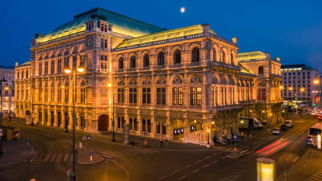 Vienna opera house at sunset. Time lapse. Zoom effect. Change day to night.