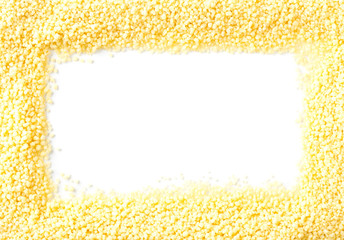 Heap of raw, uncooked couscous frame over white - obrazy, fototapety, plakaty