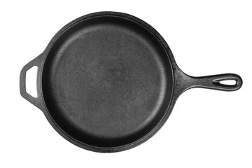 Empty, clean black cast iron pan or dutch oven top view from above over white - obrazy, fototapety, plakaty