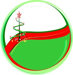 Christmas tree, red star, bubble, festival symbol, drawing line, New Year in flat design. Decorated pine tree with balls, ribbon and star