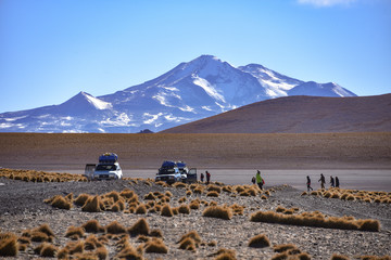 Tourist 4 x 4 expedition vehicles stop on the shores of Laguna Kollpa in the Eduardo Avaroa National Reserve, Sud Lipez province, Bolivia