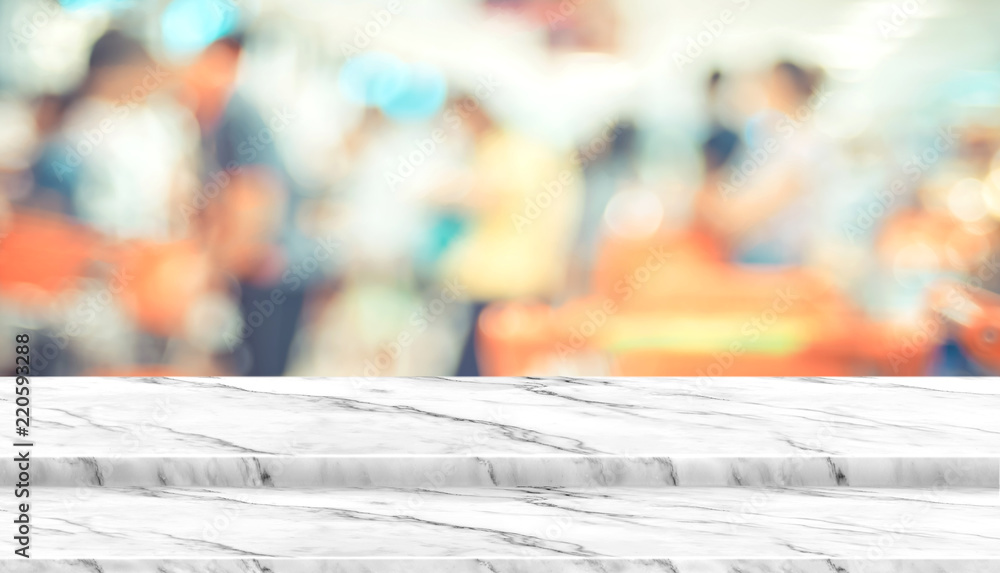 Poster empty step white marble table top food stand with blur supermarket background bokeh light,mock up fo