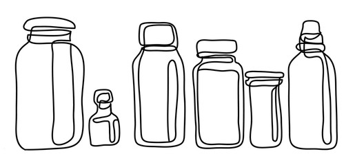 Plastic jar with screw cap, Vector illustration isolated on white background. Continuous line drawing. Vector monochrome, drawing by lines