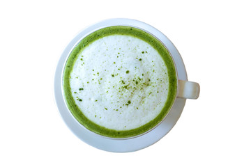 Hot green tea matcha latte in  white cup ,beverage with milk isolated on white background .
