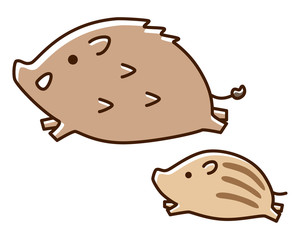 イノシシ　親子