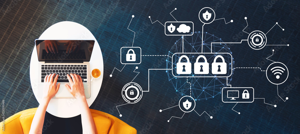 Poster cyber security with person using a laptop on a white table