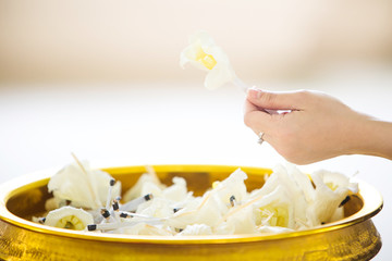 Funeral wood flower in funeral buddhism. Artificial flowers for guests in the funeral of Buddhism....