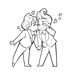 Cartoon anime illustration. Two happy handsome men, just married homosexual couple, hold hands and kiss each other