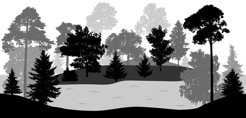 Silhouettes of trees and lake (river), vector
