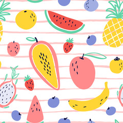 Vector tropical fruit background with durian, pineapple, mango, watermelon, dragon fruit, Pitaya, banana, papaya. Summer exotic fruit seamless pattern on stripes