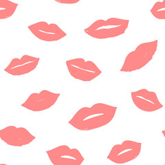 Beauty, makeup, cosmetic fashion seamless pattern. Vector red pink color doodle lips patches in pop art 80s-90s style. Woman's sexy emotions mouth.