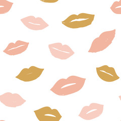 Beauty, makeup, cosmetic fashion seamless pattern. Vector red pink color doodle lips patches in pop art 80s-90s style. Woman's sexy emotions mouth.
