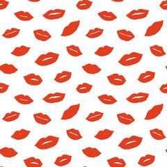 Beauty, makeup, cosmetic fashion seamless pattern. Vector red pink color doodle lips patches in pop art 80s-90s style. Woman's sexy emotions mouth.