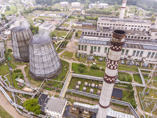 cooling towers of power station. aerial view of heavy industry