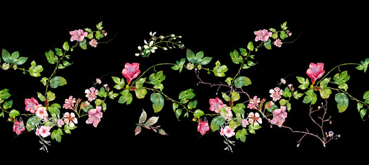 Fototapety  Akwarela malarstwo liści i kwiatów, wzór na ciemnym tle