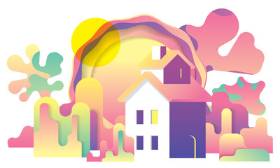 cartoon forest, trees and village house, colorful gradient landscape, flat illustration