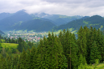 view from the top to the village of Verkhovyna, Carpathian Mountains Ukraine