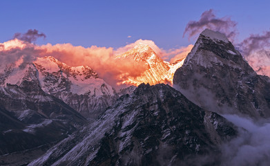 Greatness of nature: grandiose view of Everest peak (8848 m) at sunset. Nepal, Himalayan mountains,...