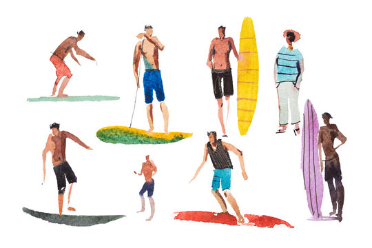 Surfing characters on surfboards. Watercolor illustration. Summer vacation.