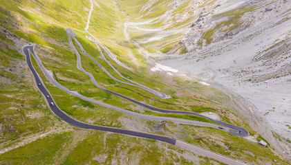 Road to the Stelvio mountain pass in Italy. Amazing aerial view of the mountain bends creating beautiful shapes