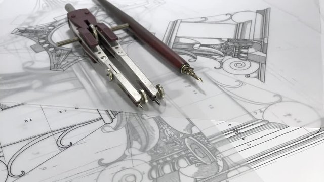 blueprints - architectural drawings - detail column, compasses and fountain pen for calligraphy / seamless looping