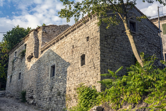 Old abandoned stone-built house in Old Perithia at Pantokrator Mountain, Corfu Island, Greece