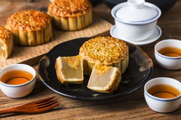 Mid Autumn Festival Chinese Traditional Pastry Mooncake，The Chinese character on the mooncake represent 
