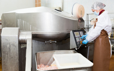 Workwoman programming meat mixing machine