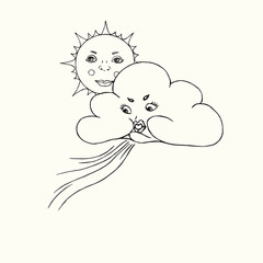 Cloud with funny face blowing wind from it`s lips, sun behind, hand drawn doodle, sketch isolated vector outline black and white illustration