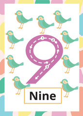 Number Tracing Worksheet nine, 9, Kid number nine with bird.
