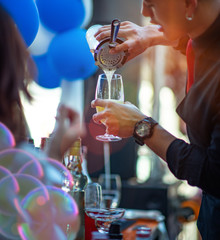 jug and mug glass with bottle of shaking mixer brew cocktail serving for guess in party by bartender, party funny and entertainment at the night hours