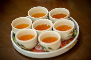 Tea set used in a Chinese wedding tea ceremony. Chinese wedding tea ceremony serving to elders.Chinese Tea ceremony is performed during a wedding or Chinese New Year.