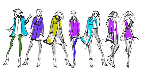 Stylish fashion models. Pretty young girls. Fashion girls Sketch