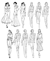 Sketch. Fashion Girls on a white background. Vector illustration.