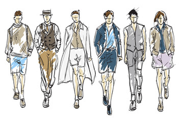 Fashion man. Set of fashionable men's sketches on a white background. Spring men.