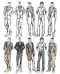 Fashion man. Set of fashionable men's sketches on a white background. Spring men.