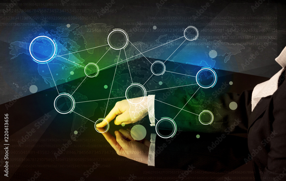 Poster Male hands touching interactive table with colorful world map on it 