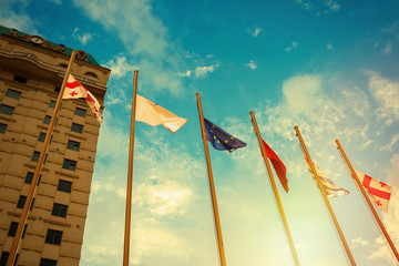 Flags of the countries, the Georgia / Turkey / the European Union, in sunny day.