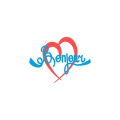 Heart pink and lettering Bonjour. Color icon on white background. Symbol love, passion and wedding. Template for t shirt, apparel, card, poster, valentine day. Design element. Vector illustration. © ya_nataliia