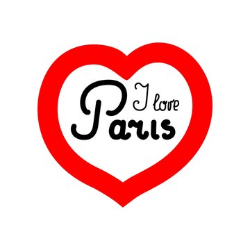 T shirt typography graphic with quote I love Paris. Fashion print for sports wear. Template for t shirt, apparel, card, poster, etc. Design element. Heart couple symbol of love. Vector illustration.