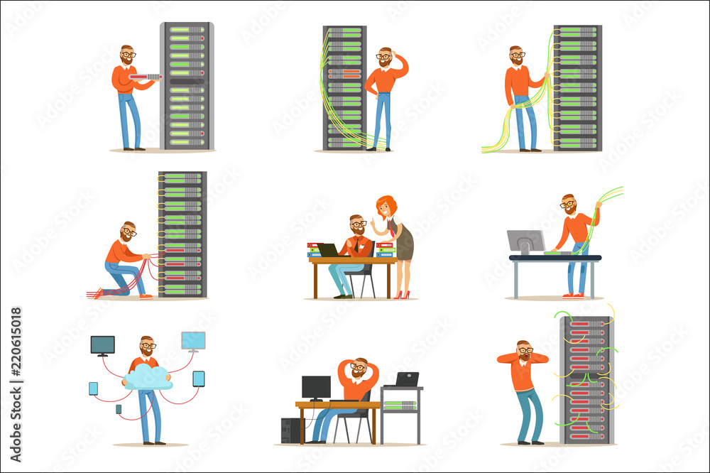 Poster young engineer working in network server room. technician at the data center set of colorful illustr