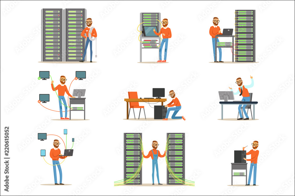Poster young man working in network server room. technician at the data center set of colorful illustration