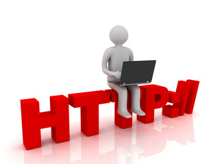 3d people - man, person sitting on HTTP sign with a laptop. Concept of communicationю. rendered illustration