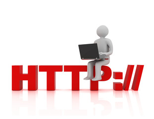 3d people - man, person sitting on HTTP sign with a laptop. Concept of communicationю. rendered illustration