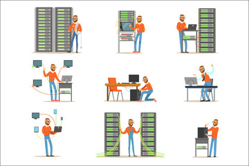 Young man working in network server room. Technician at the data center set of colorful Illustrations