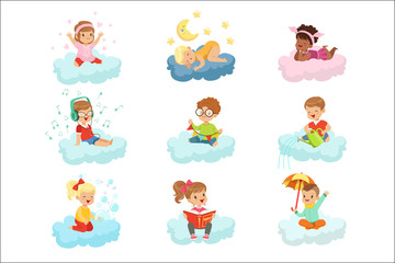 Lovely little boys and girls sitting on a clouds playing toys, listening music, reading book, sleeping, dreaming colorful characters vector Illustrations