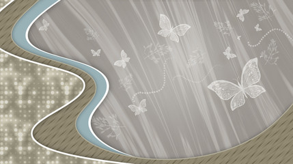 Gray background with waves and flying butterfly