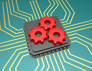 3d illustration of processor with a gear wheels. rendered illustration